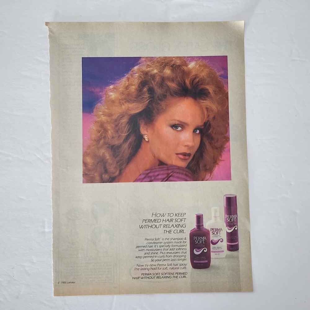 Vintage 1985 Perma Soft Hair Care Print Ad Blonde Model 80s Perm Clipping